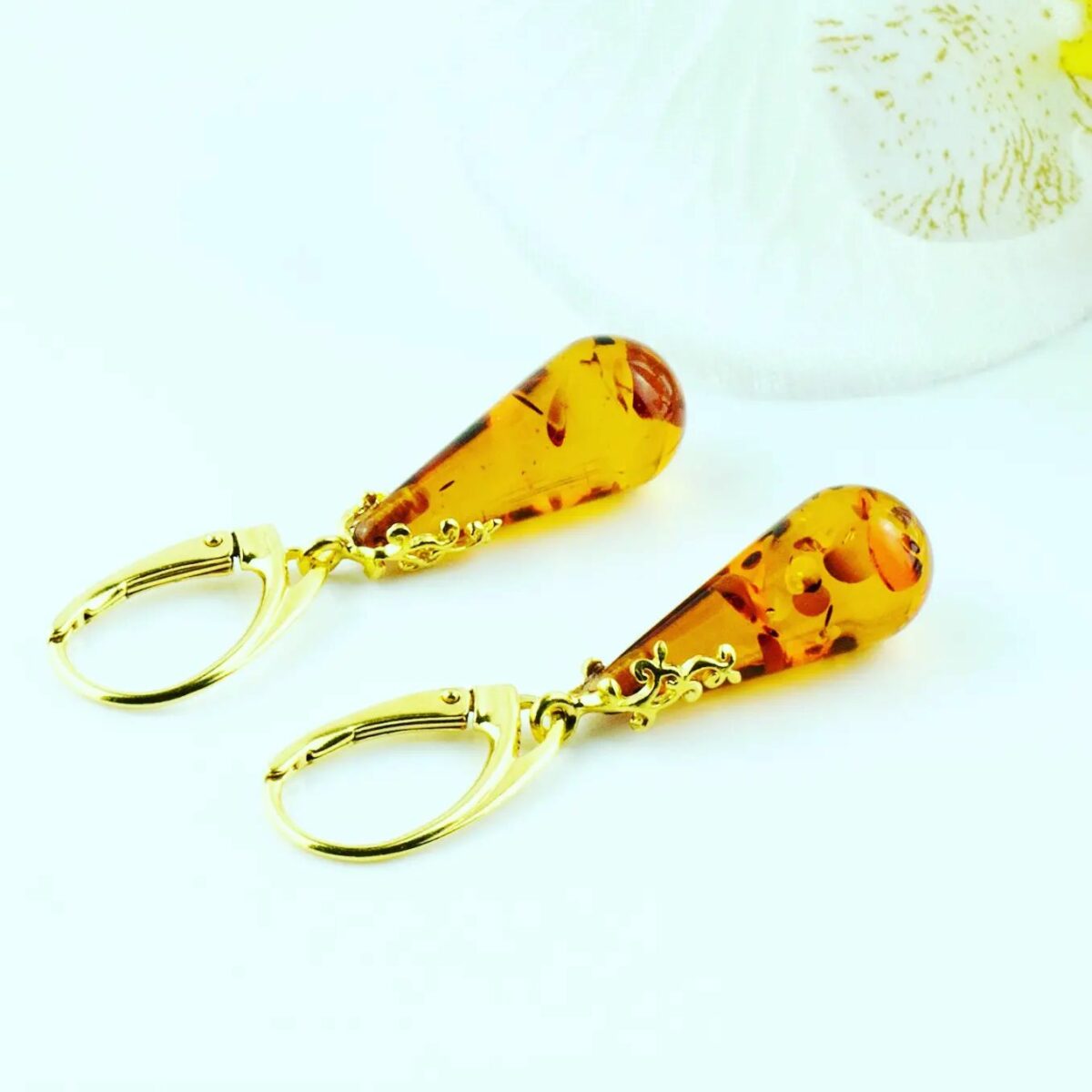 Amber Gold Teardrop Earrings - Image 2