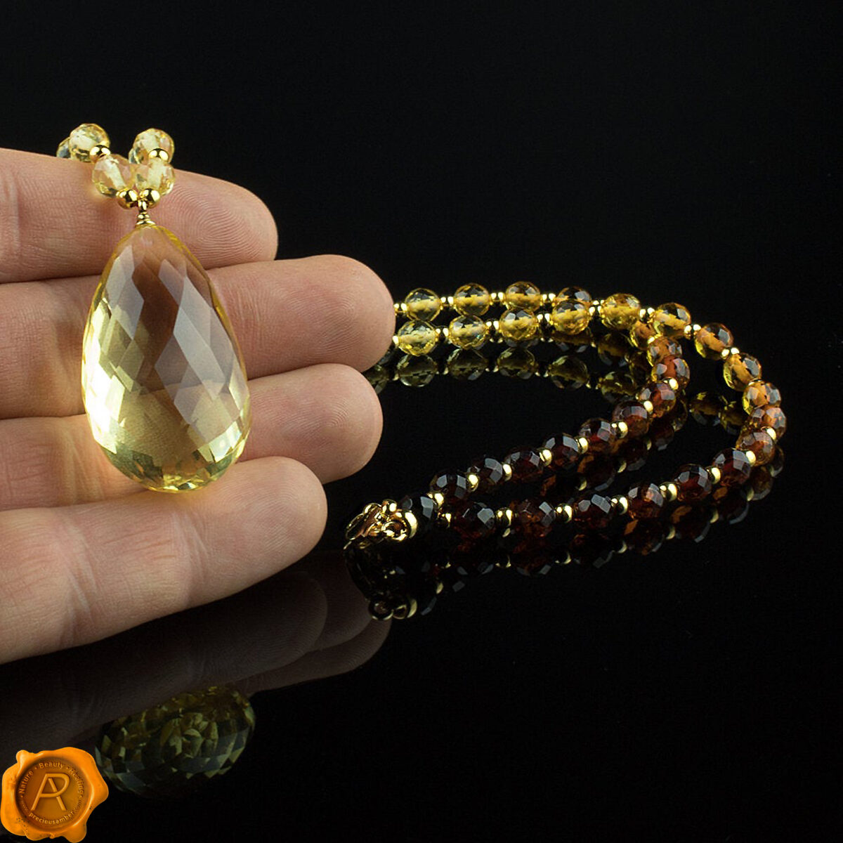 Large-Long-Baltic-Amber-Teardrop-Gold-Luxury-Faceted-Pendant-Gemstone-Necklace-Dublin-for-Women-uk-Ireland Luxury Amber Teardrop Necklace - Image 3