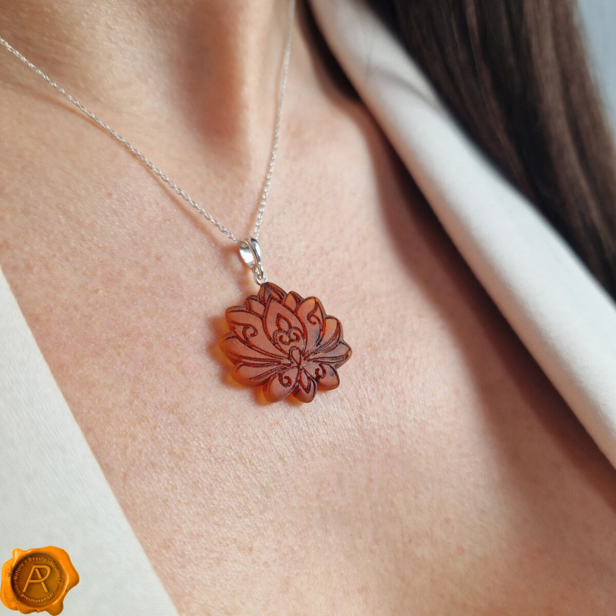 Lotus Gift Gemstone Baltic Amber Teardrop Pendant Charm Necklace, Large Flower Tear Drop, Teardrop Sterling Silver Jewelry Flower Art Gifts