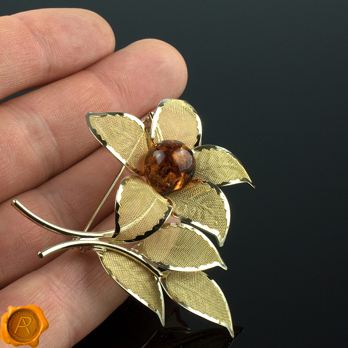 Exquisite Amber Flower Brooch - Image 2