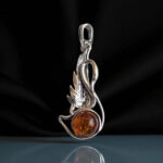 Elegant Large Swan Honey Baltic Amber Silver Pendant Necklace, Bird Long Gemstone Teardrop Women, Swan Lover Charms Jewellery Gifts