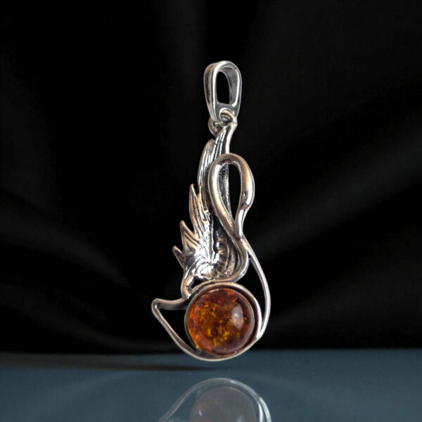 Elegant Large Swan Honey Baltic Amber Silver Pendant Necklace, Bird Long Gemstone Teardrop Women, Swan Lover Charms Jewellery Gifts