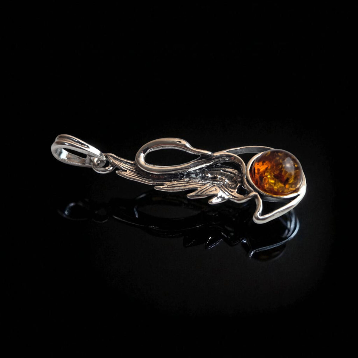Large-Swan-Necklace-Silver-Charm-Pendant-Baltic-Amber-Gemstone-Teardrop-Crystal-Bird-Jewelry-Gift-Women Silver Swan Amber Pendant - Image 3