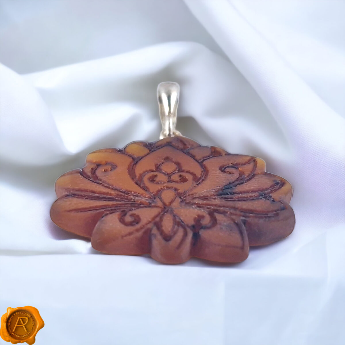 Carved Amber Lotus Flower Pendant - Image 4
