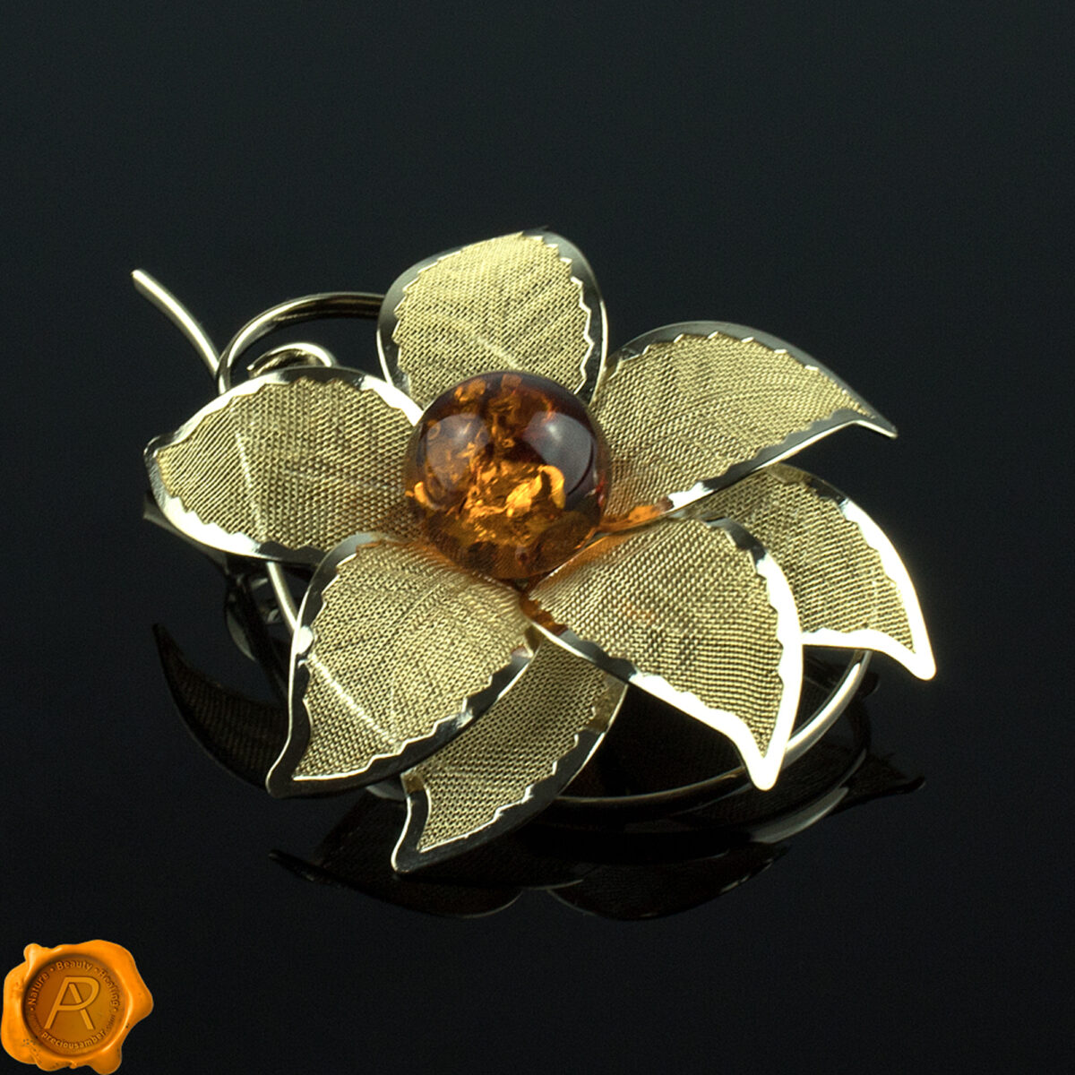 Amber Gold Flower Brooch - Image 2