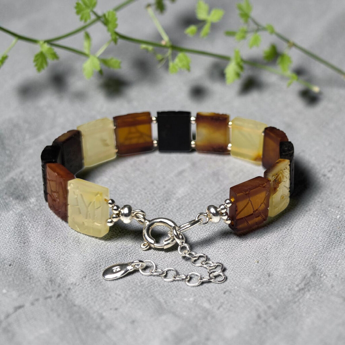 Engraved Amber Tree Bark Silver Bracelet - Image 4