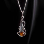 Elegant Large Swan Honey Baltic Amber Silver Pendant Necklace, Bird Long Gemstone Teardrop Women, Swan Lover Charms Jewellery Gifts