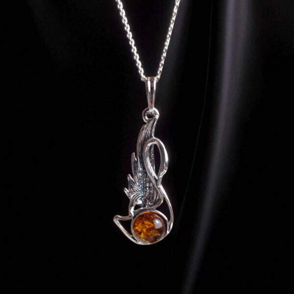 Elegant Large Swan Honey Baltic Amber Silver Pendant Necklace, Bird Long Gemstone Teardrop Women, Swan Lover Charms Jewellery Gifts