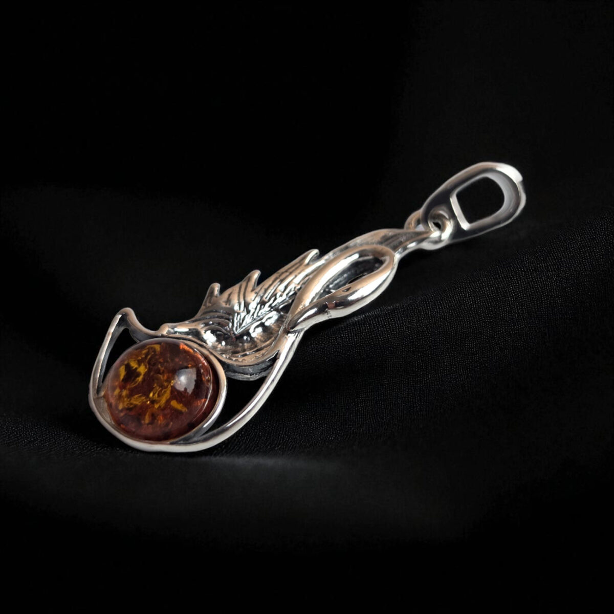 Swan-Necklace-Silver-Charm-Pendant-Baltic-Amber-Gemstone-Large-Teardrop-Crystal-Bird-Jewelry-Gift-Women Silver Swan Amber Pendant - Image 4