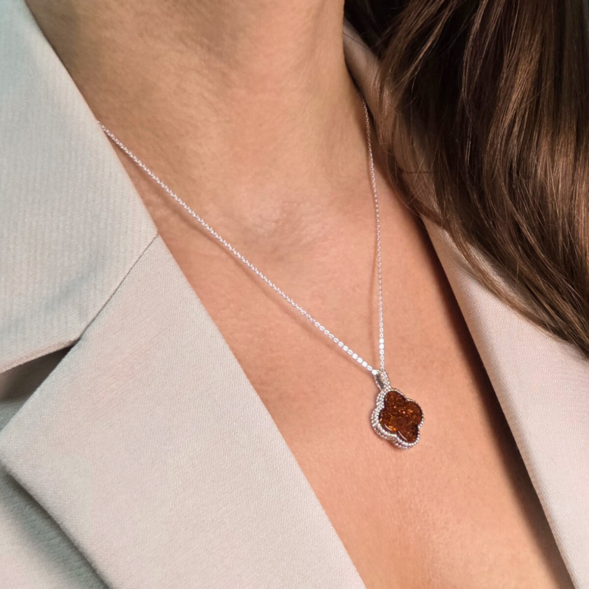 Honey Baltic Amber Four Leaf Luck Clover Silver Teardrop Pendant Charm Drop Gemstone Necklace Irish Jewellery