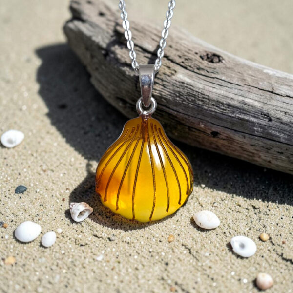 Natural Baltic Amber Seashell Pendant Necklace Silver, Carved Shell Gemstone Summer Beach Lover Jewellery Gift