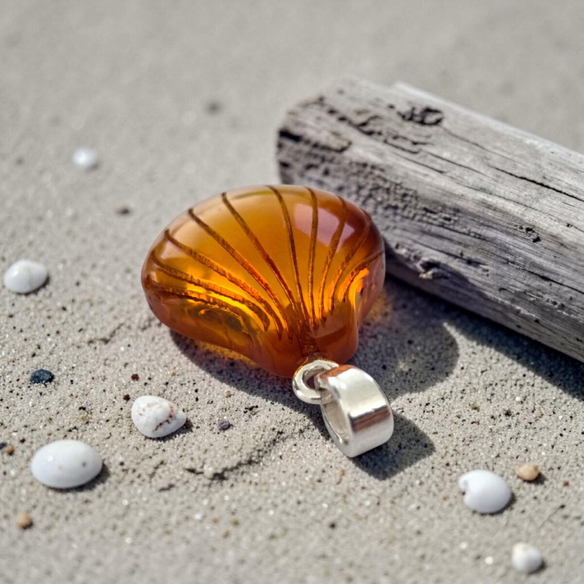 Natural Baltic Amber Seashell Pendant Necklace Silver, Carved Shell Gemstone Summer Beach Lover Jewellery Gift