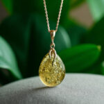 Green Natural Amber Gold Silver Teardrop Pendant Charm, Small Vintage Sterling Silver Drop Gemstone Necklace Dainty Green Stone Jewelry Gift