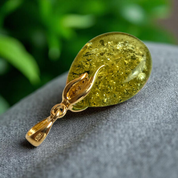 Green Natural Amber Gold Silver Teardrop Pendant Charm, Small Vintage Sterling Silver Drop Gemstone Necklace Dainty Green Stone Jewelry Gift