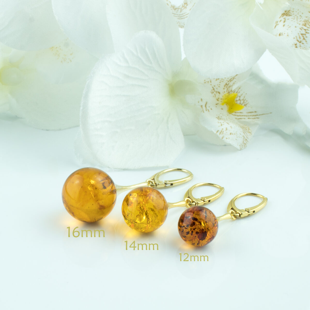 Cognac-Baltic-Amber-Gold-Long-Dangle-Earrings-12mm-14mm-16mm-Lever-Back Amber Gold Sphere 12mm - Image 4