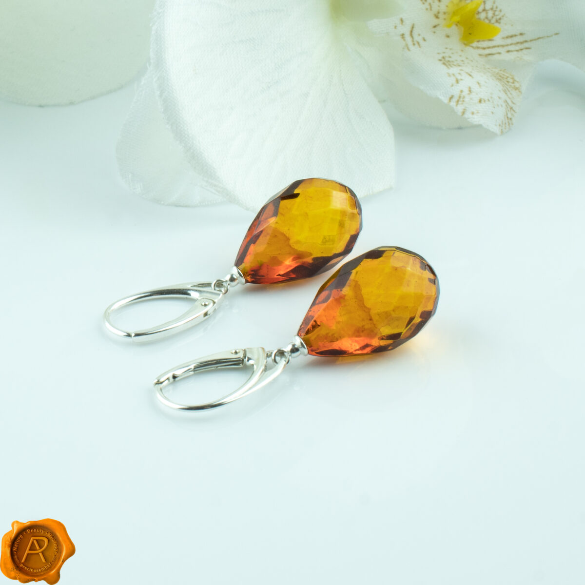 Faceted Amber Teardrop Earrings - Image 2