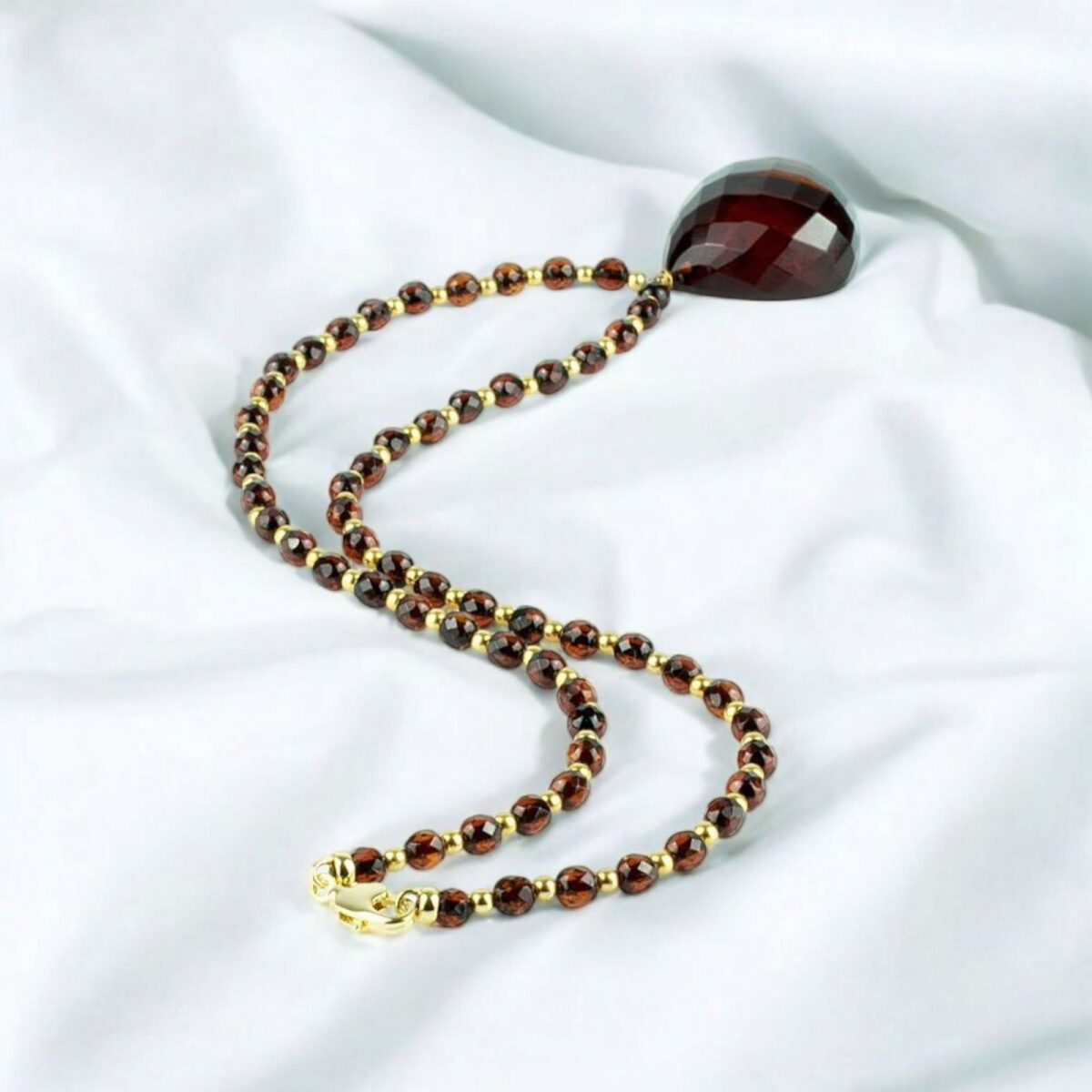 Luxurious Large Black Cherry Baltic Amber Teardrop Pendant Gold Necklace for Women, Red Chunky Gemstone Faceted Drop Jewelry Gift