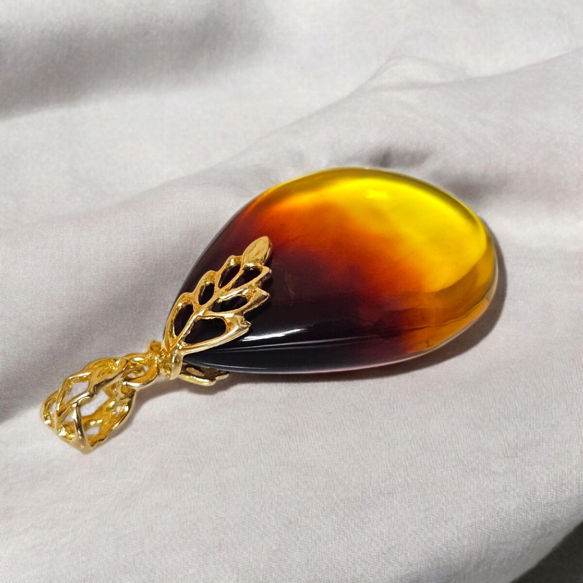Natural Baltic Amber Teardrop Leaf Pendant Gold Necklace Gift Women, Large Amber Gemstone Silver Jewelry, Chunky Drop Charm