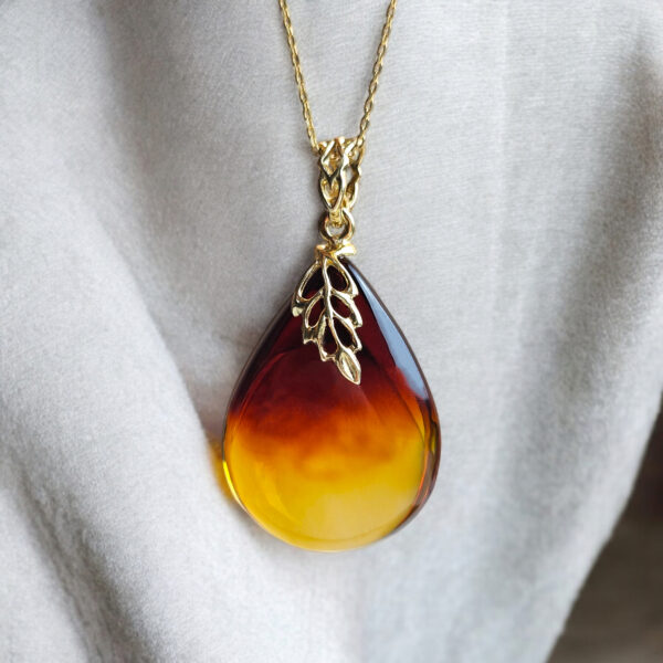 Natural Baltic Amber Teardrop Leaf Pendant Gold Necklace Gift Women, Large Amber Gemstone Silver Jewelry, Chunky Drop Charm