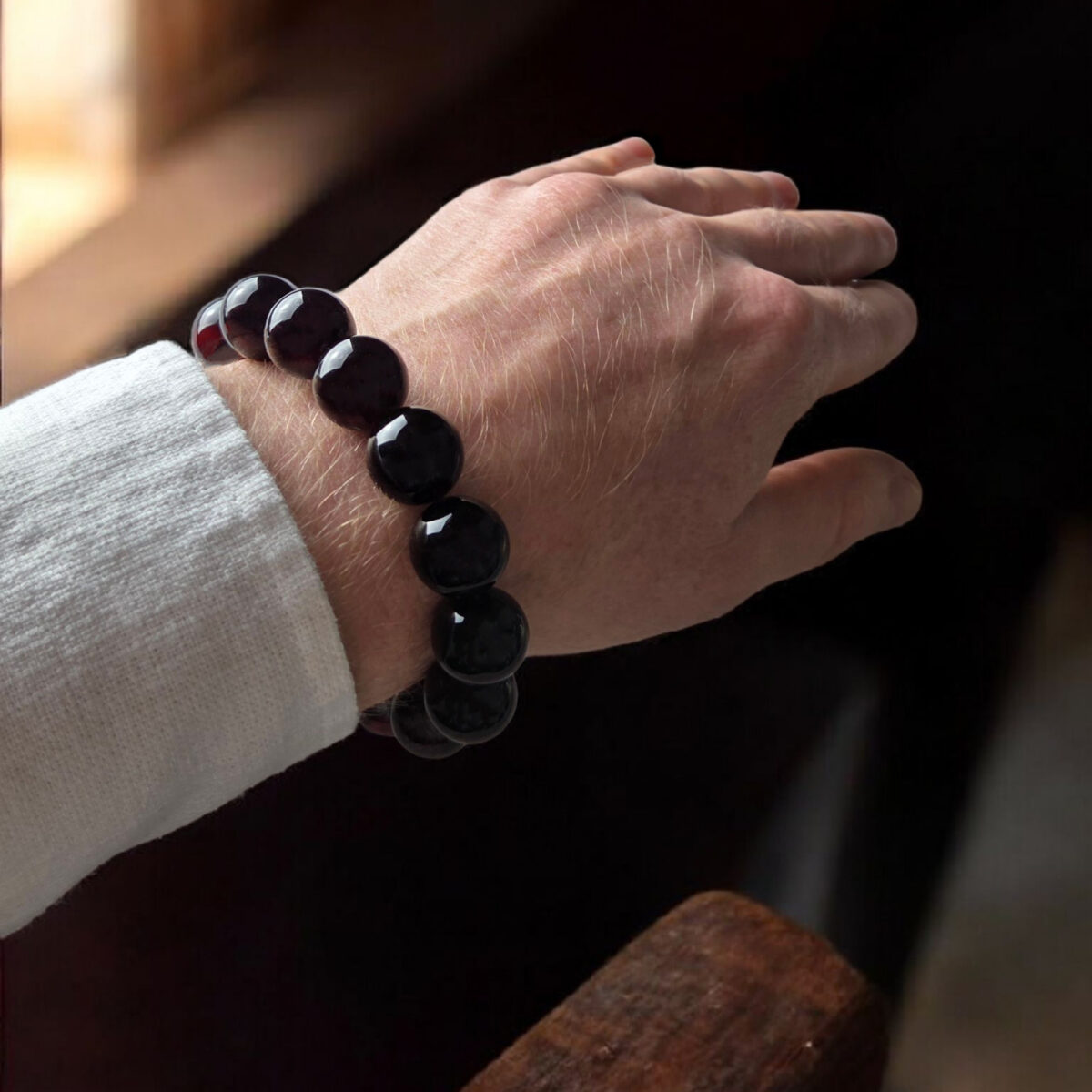 Large-Red-Black-Cherry-Baltic-Amber-Bracelet-Elastic-Round-Beads-Unisex-for-Men-Women Cherry Amber Bracelet - Image 4