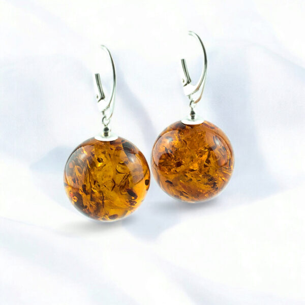 Large Natural Baltic Amber Silver Round Ball Drop Earrings Women, Gemstone Teardrop Sphere Earrings Crystal Earring Sterling Silver