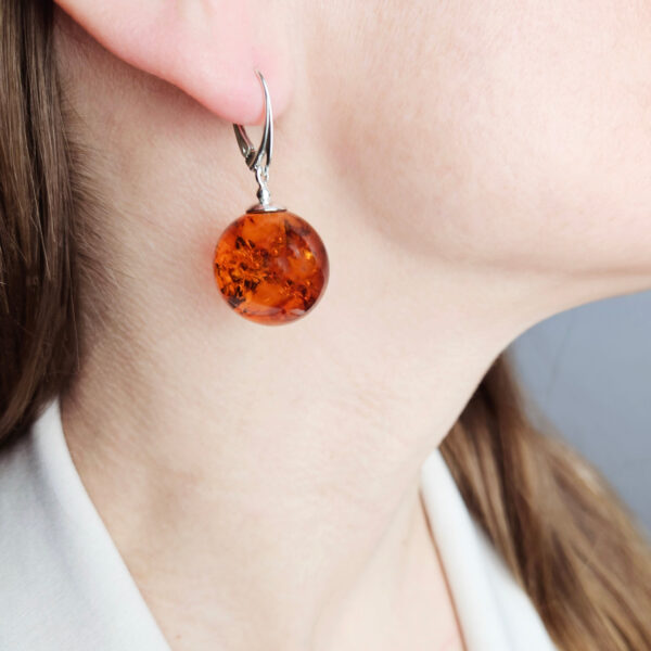 Large Natural Baltic Amber Silver Round Ball Drop Earrings Women, Gemstone Teardrop Sphere Earrings Crystal Earring Sterling Silver