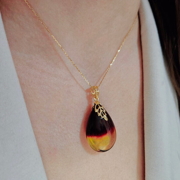 Natural Baltic Amber Teardrop Leaf Pendant Gold Necklace Gift Women, Large Amber Gemstone Silver Jewelry, Chunky Drop Charm