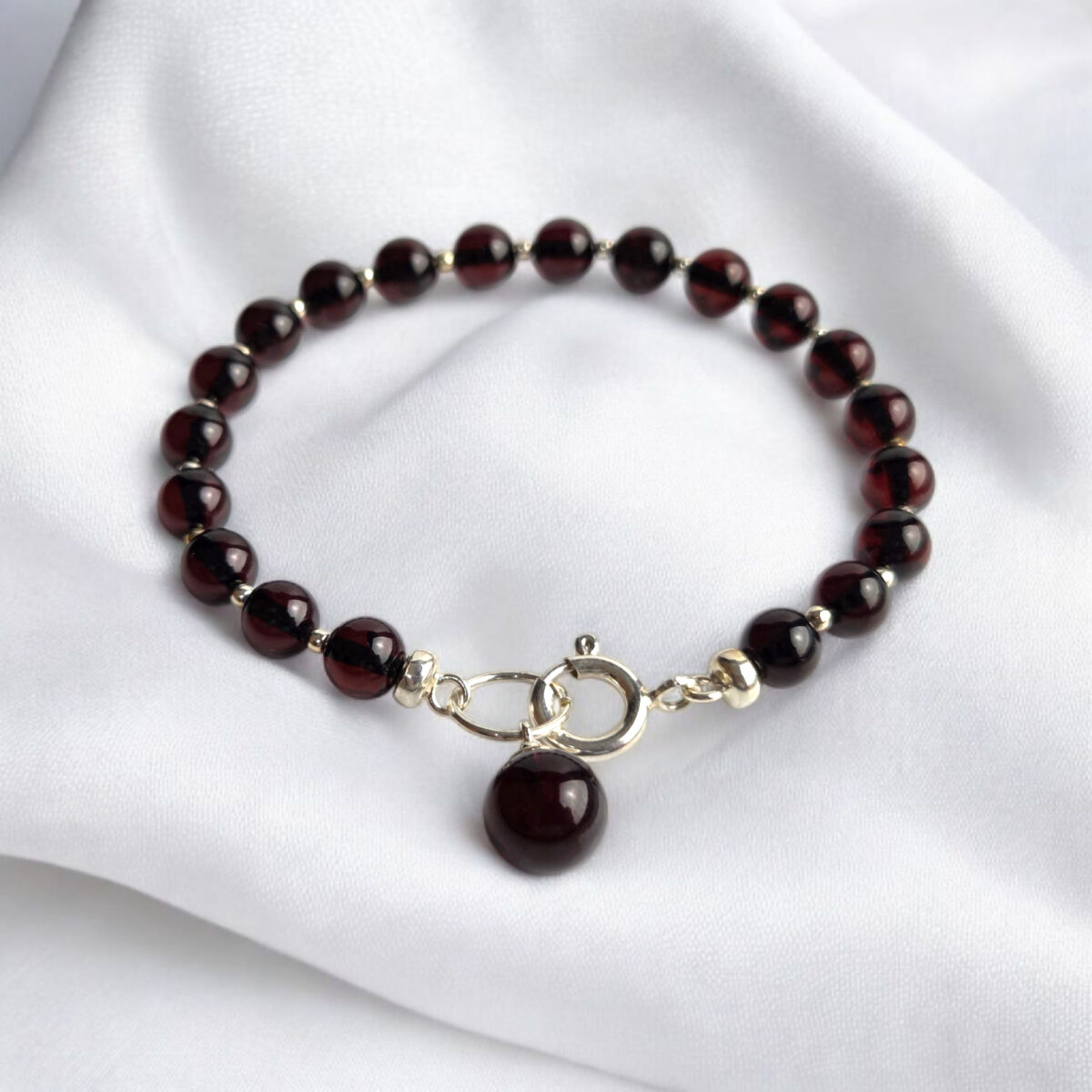 Natural Black Cherry Baltic Amber Red Gemstone Silver Charm Bracelet Women, Round Small Minimalist Dainty Amber Jewelry for Her