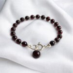 Natural Black Cherry Baltic Amber Red Gemstone Silver Charm Bracelet Women, Round Small Minimalist Dainty Amber Jewelry for Her