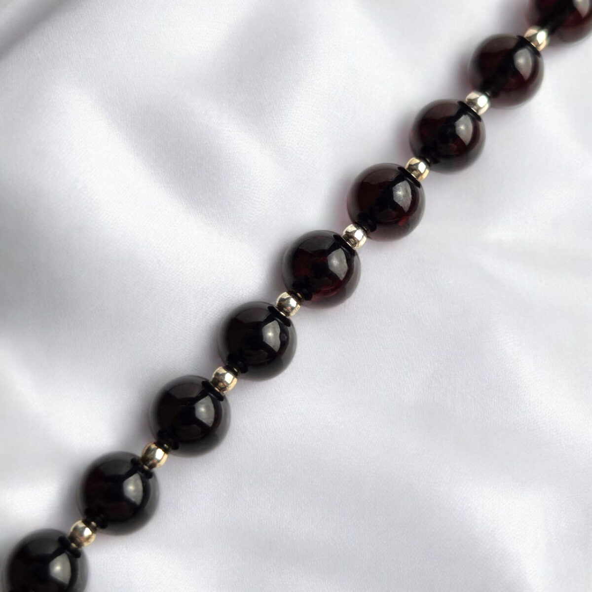 Natural Black Cherry Baltic Amber Red Gemstone Silver Charm Bracelet Women, Round Small Minimalist Dainty Amber Jewelry for Her