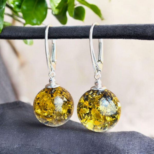 Natural Green Baltic Amber Round Ball Earrings for Women, Large Drop Teardrop Gemstone Earrings Sphere Beads, Green Amber Jewelry
