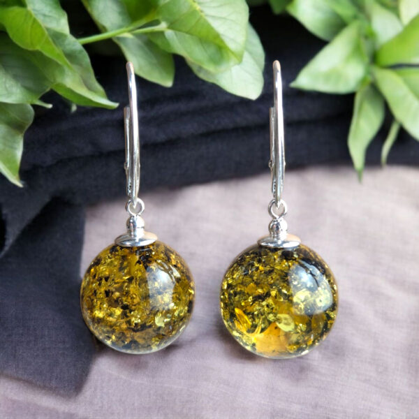 Natural Green Baltic Amber Round Ball Earrings for Women, Large Drop Teardrop Gemstone Earrings Sphere Beads, Green Amber Jewelry