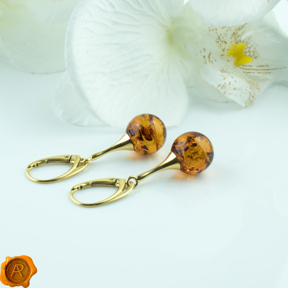 Small-Cognac-Baltic-Amber-Gold-Long-Dangle-Gemstone-Beads-Earrings-Lever-Back Amber Gold Sphere 12mm - Image 3