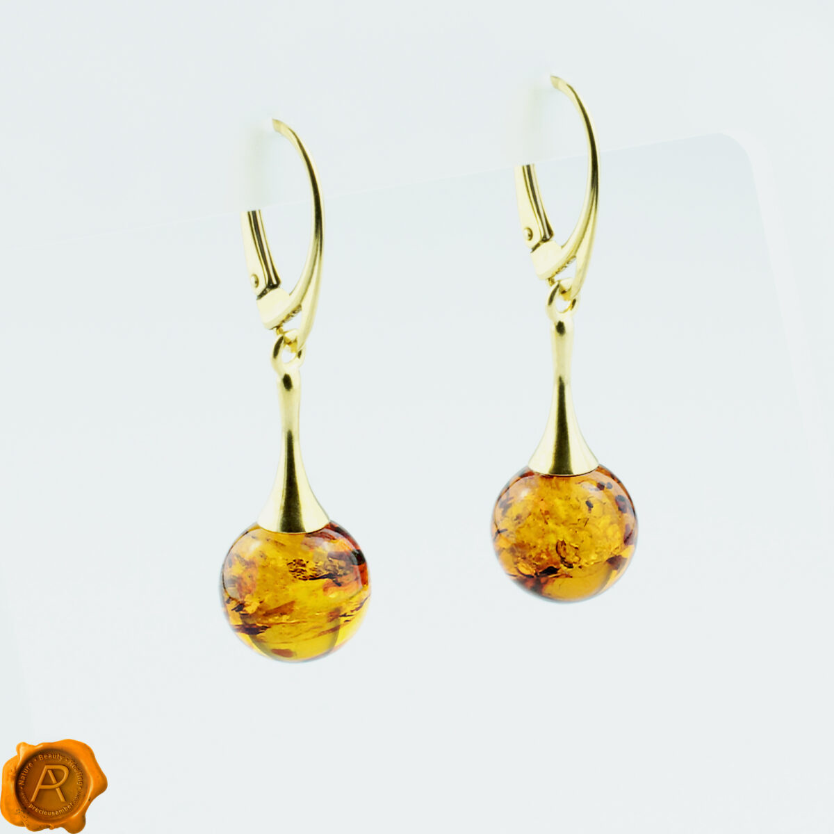 Small-Cognac-Baltic-Amber-Gold-Long-Dangle-Gemstone-Earrings-Lever-Back Amber Gold Sphere 12mm - Image 2