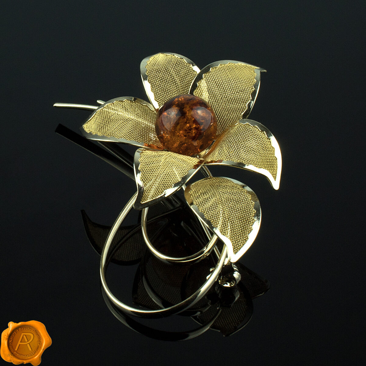 Amber Gold Flower Brooch - Image 2