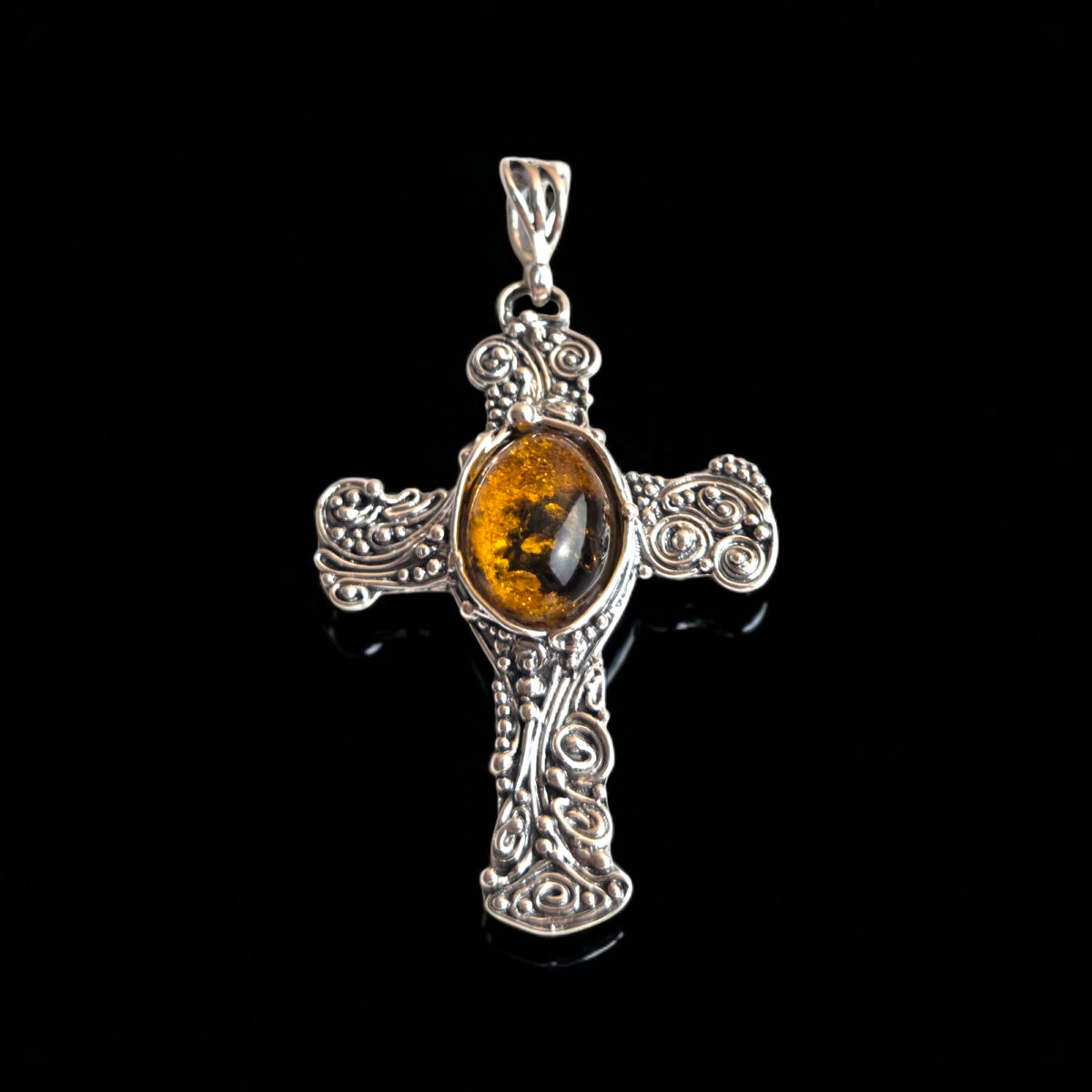 Large Baltic Amber Silver Cross Pendant Christian Gift Necklace, Teardrop Chunky Gemstone Crucifix Art, Religious Jewellery Men Women