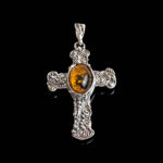 Large Baltic Amber Silver Cross Pendant Christian Gift Necklace, Teardrop Chunky Gemstone Crucifix Art, Religious Jewellery Men Women