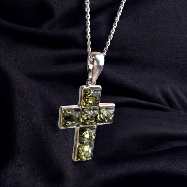 Green Baltic Amber Silver Cross Pendant with Green Stone Gemstone Crystal Crucifix Drop Teardrop Necklace Unisex