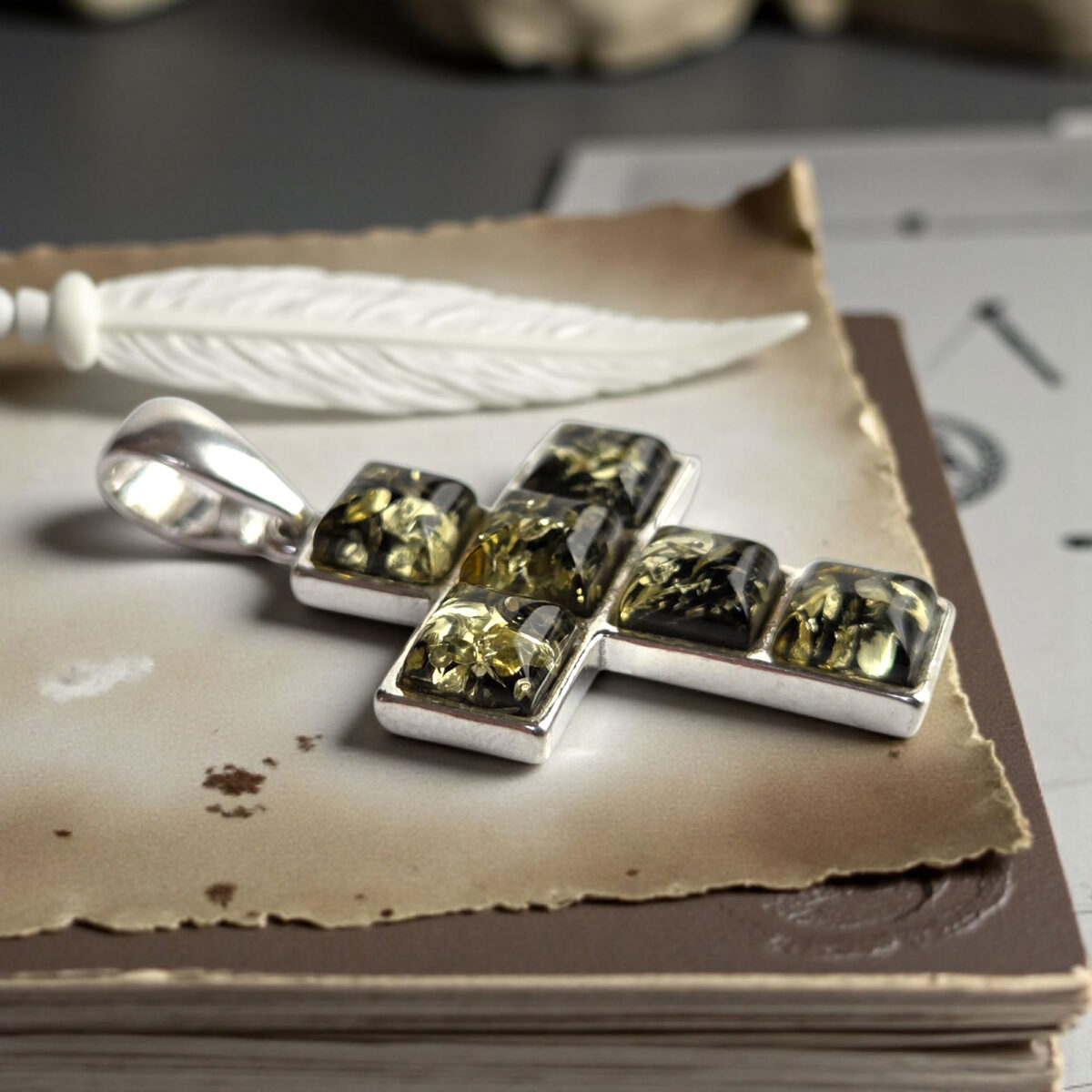 Green Baltic Amber Silver Cross Pendant with Green Stone Gemstone Crystal Crucifix Drop Teardrop Necklace Unisex