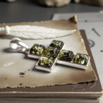 Green Baltic Amber Silver Cross Pendant with Green Stone Gemstone Crystal Crucifix Drop Teardrop Necklace Unisex