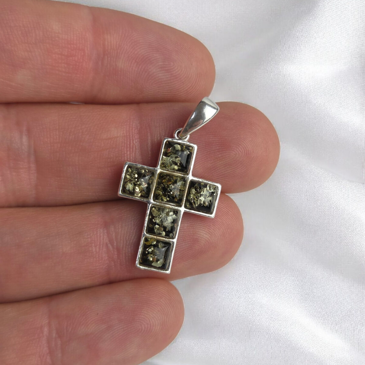 Green Baltic Amber Silver Cross Pendant with Green Stone Gemstone Crystal Crucifix Drop Teardrop Necklace Unisex