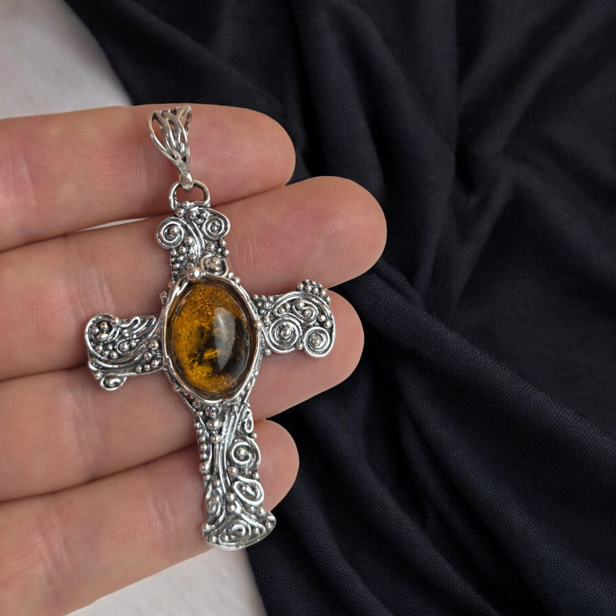 Large Amber Silver Unisex Cross Pendant - Image 3