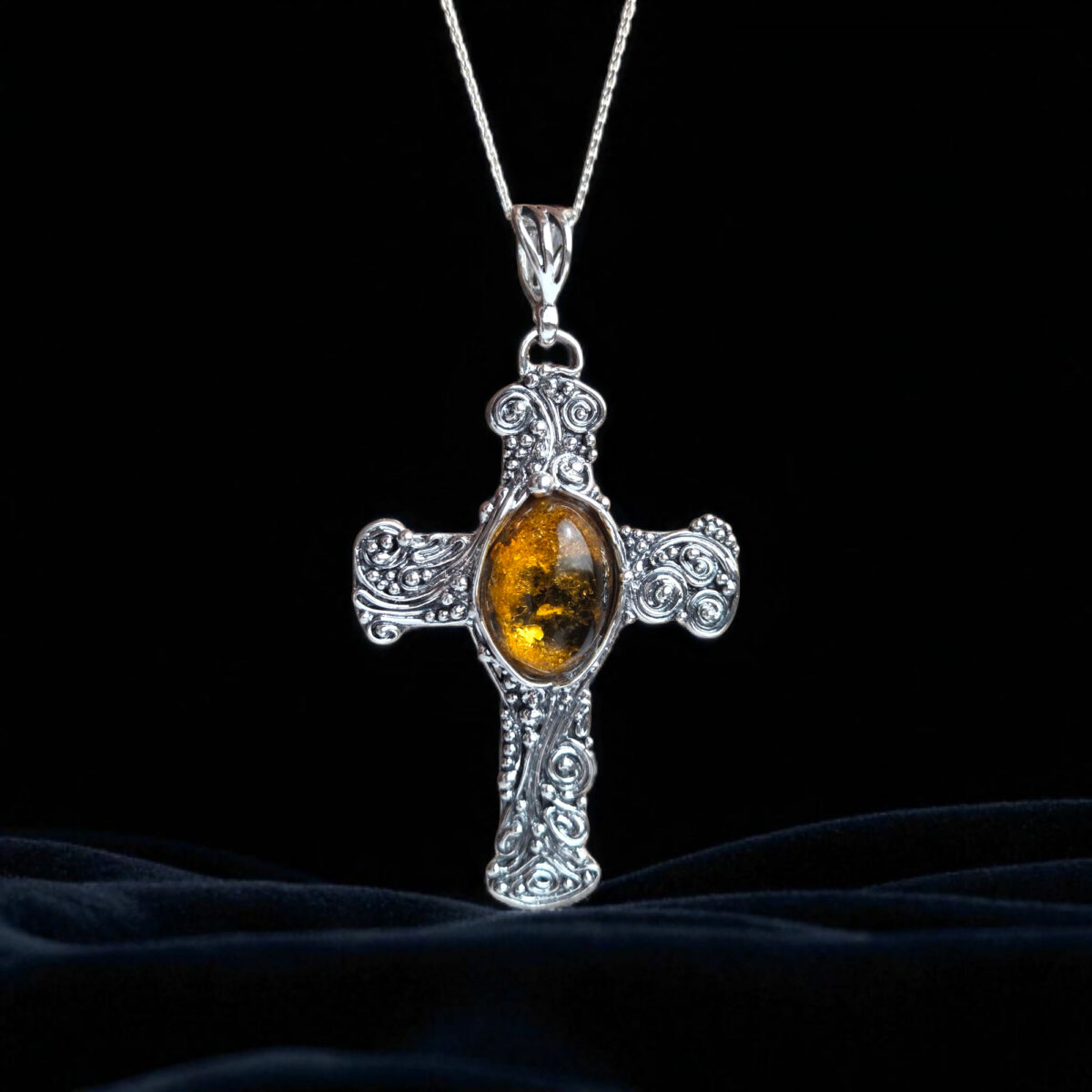 Large Baltic Amber Silver Cross Pendant Christian Gift Necklace, Teardrop Chunky Gemstone Crucifix Art, Religious Jewellery Men Women