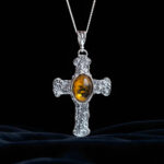 Large Baltic Amber Silver Cross Pendant Christian Gift Necklace, Teardrop Chunky Gemstone Crucifix Art, Religious Jewellery Men Women