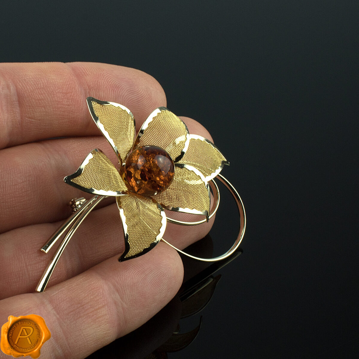 Amber Gold Flower Brooch - Image 5
