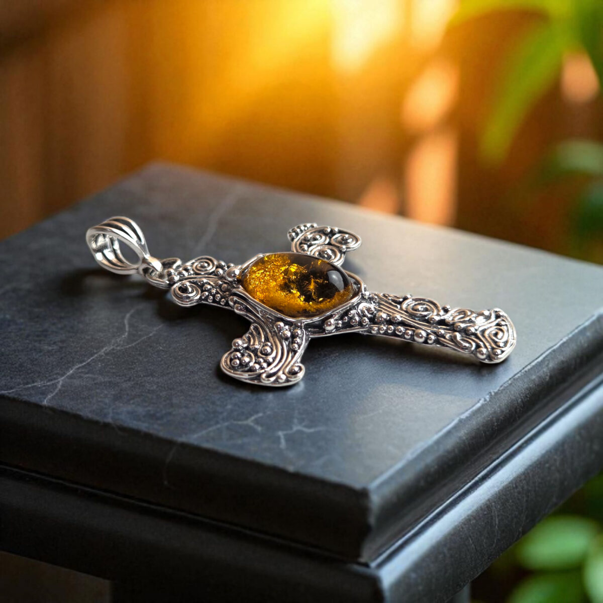 UNISEX Large Baltic Amber Silver Cross Pendant Christian Gift Necklace, Teardrop Chunky Gemstone Crucifix Art, Religious Jewellery Men Women
