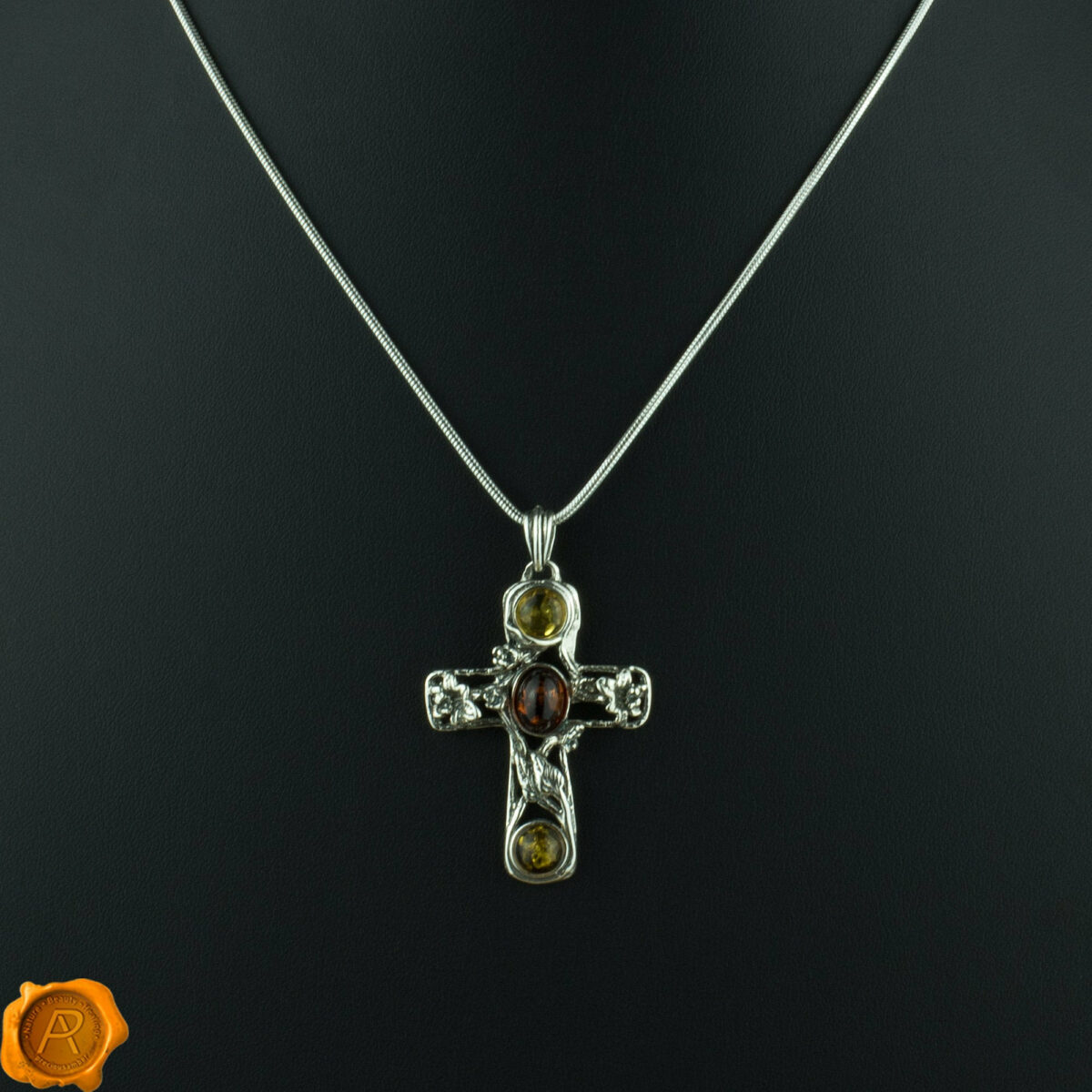 Green Cognac Lemon Amber Silver Pendant Multicolor Amber Cross Pendant - Image 1