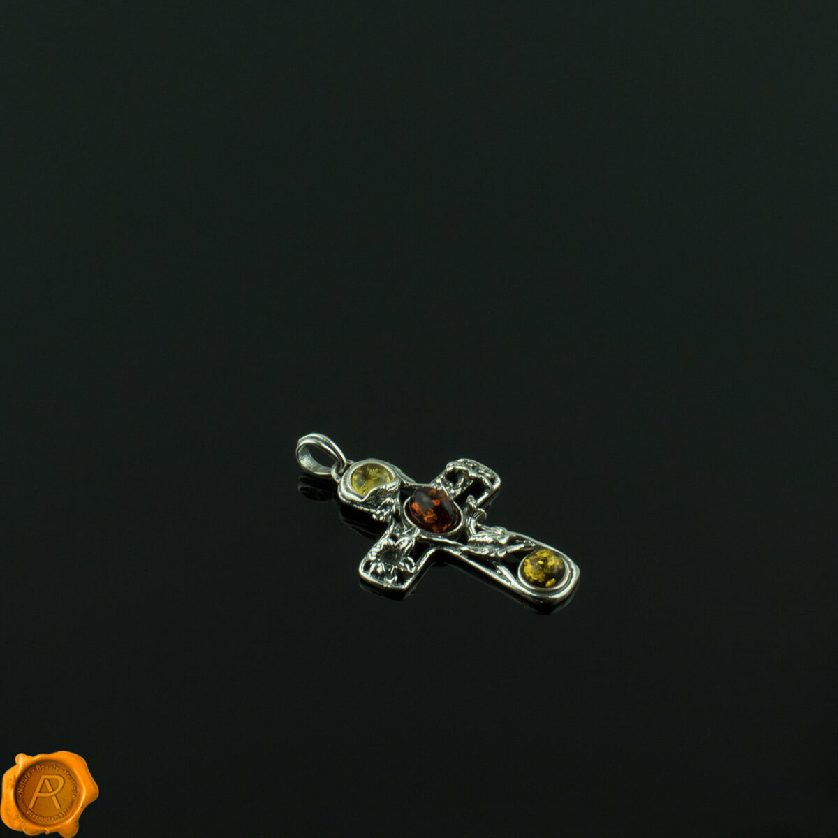 Green Cognac Lemon Amber Silver Pendant Multicolor Amber Cross Pendant - Image 2