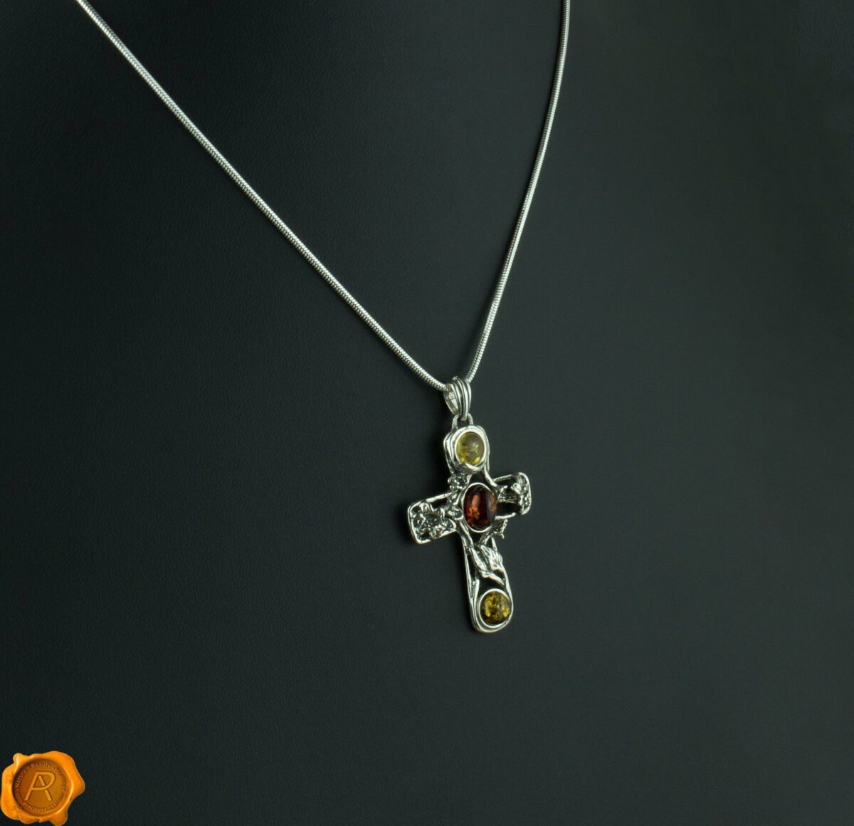 Green Cognac Lemon Amber Silver Pendant Multicolor Amber Cross Pendant - Image 3