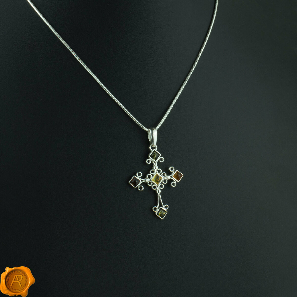 Multicolored Baltic Amber Silver Pendant Multicolor Amber Cross Pendant - Image 1